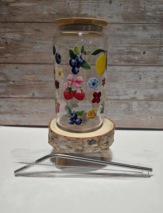 Elegant Fruit Glass Tumbler with Bamboo Lid, Straw & Cleaning Brush