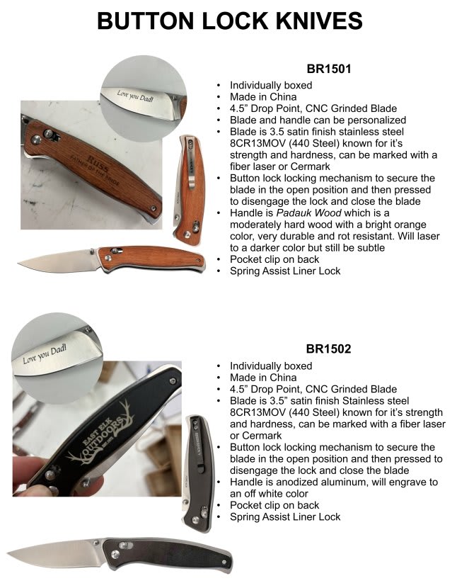 Bison River 4 1/2" Wood Button Lock Folding Knife with Clip Pocket Knife